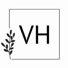 Logo with 'VH' initials and a leaf design on a white background