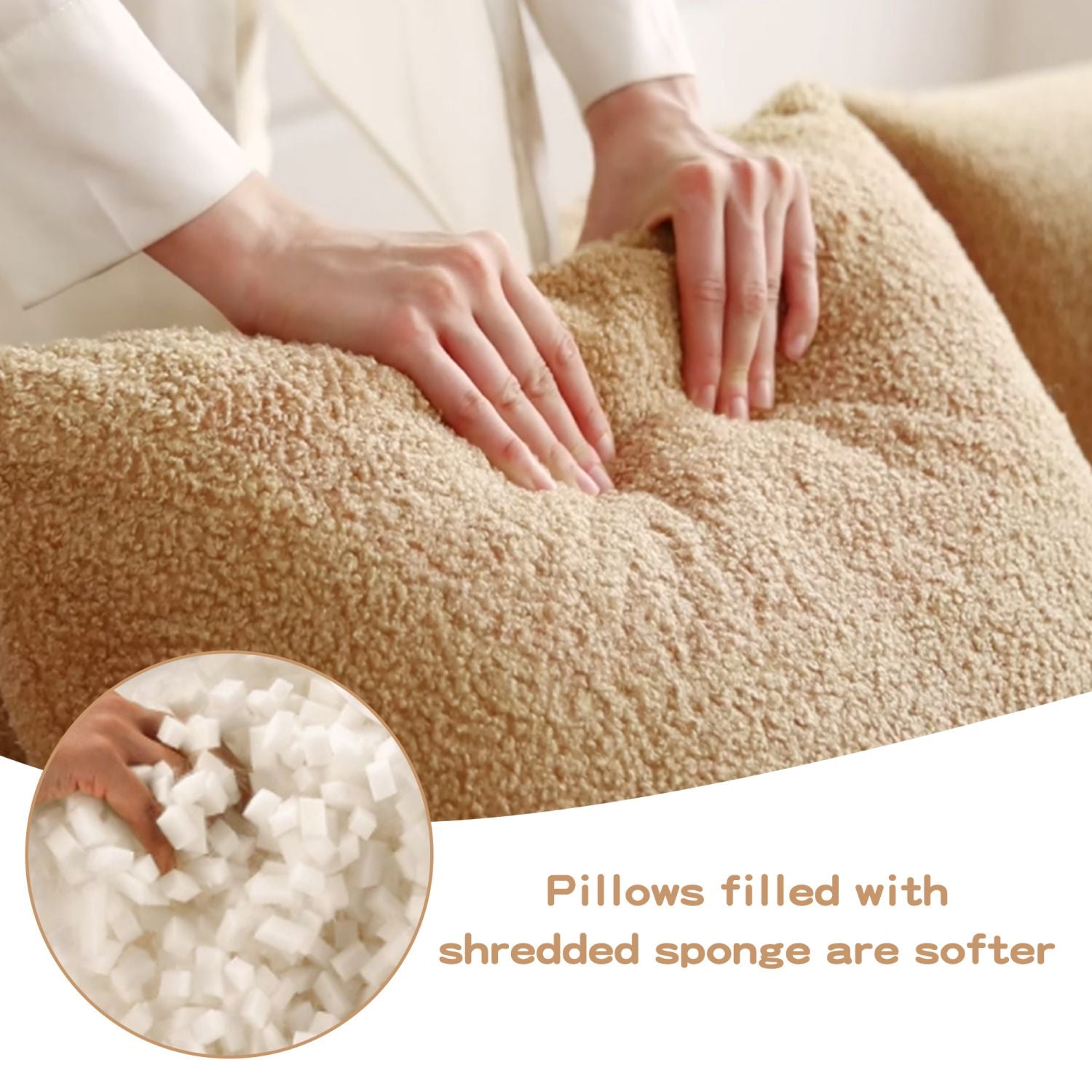 Person touching a fluffy pillow with a close-up of shredded sponge and text about pillow texture.